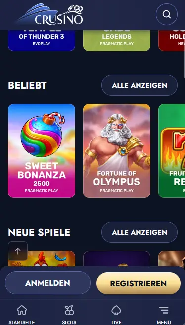 Crusino Casino App mit Slots und Spielelobby auf dem Smartphone