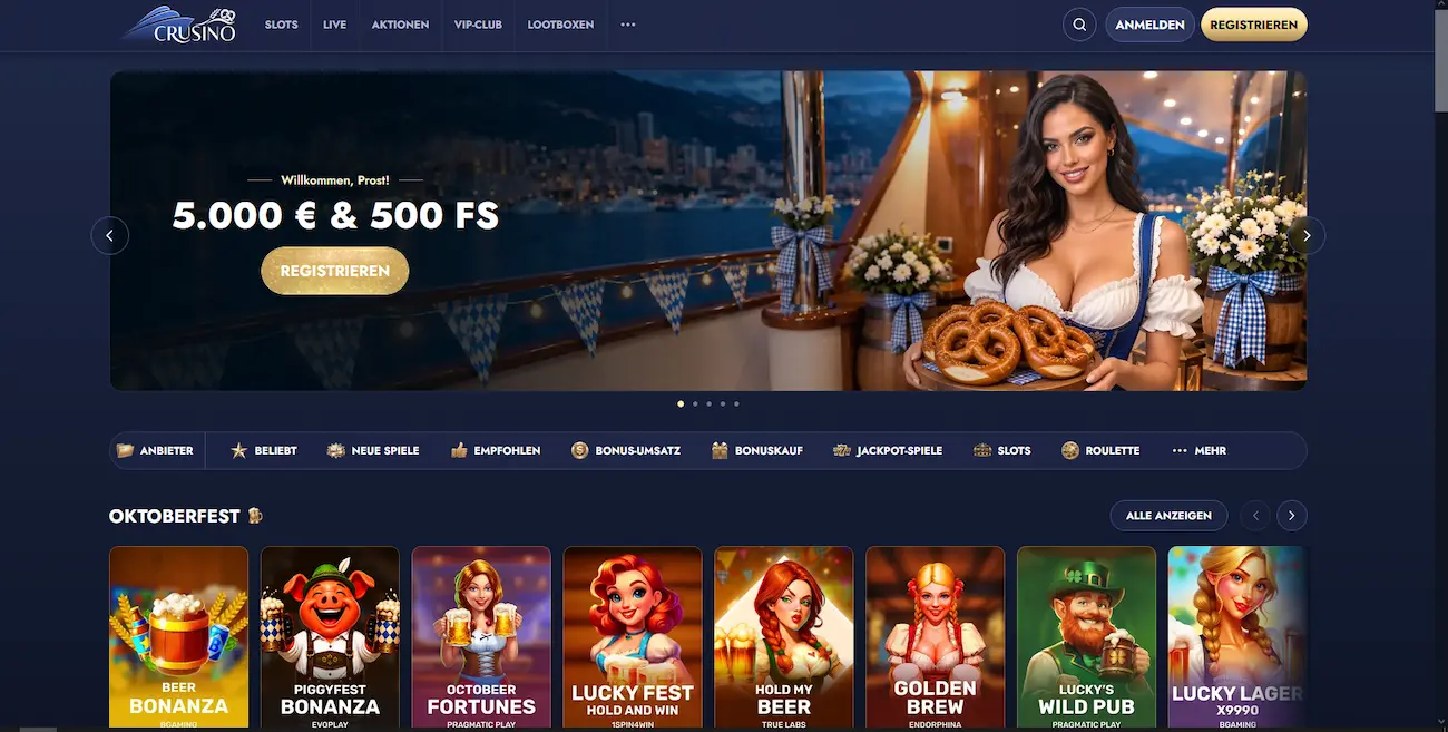 Crusino Casino Startseite mit Willkommensbonus EUR 5'000 und 500 Freispielen