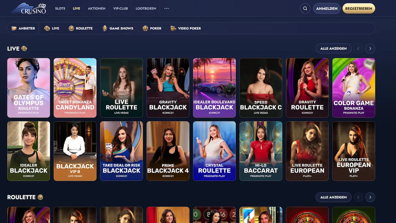 Live Casino von Crusino mit Evolution Gaming Tischen in der Schweiz