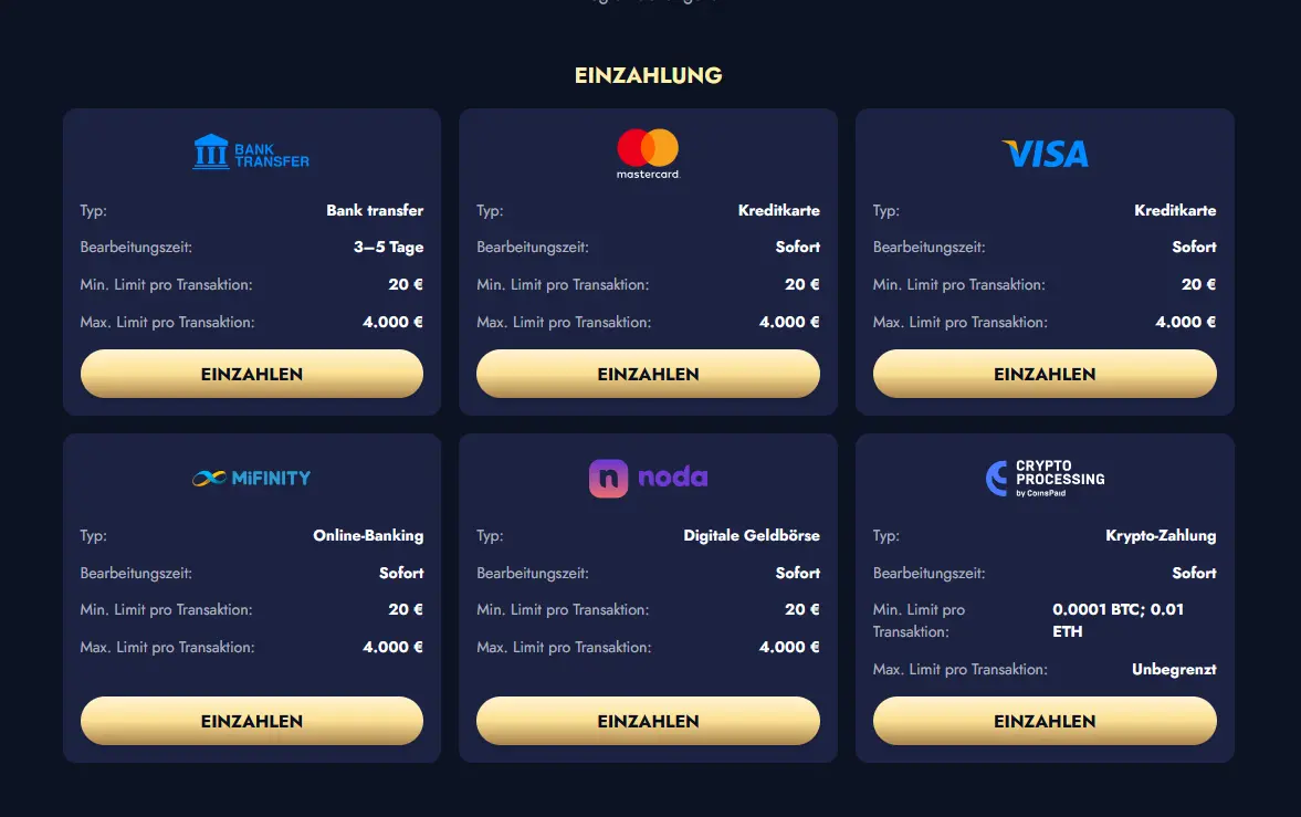 Einzahlungsmethoden bei Crusino Casino: Visa, Mastercard, Banküberweisung und Krypto