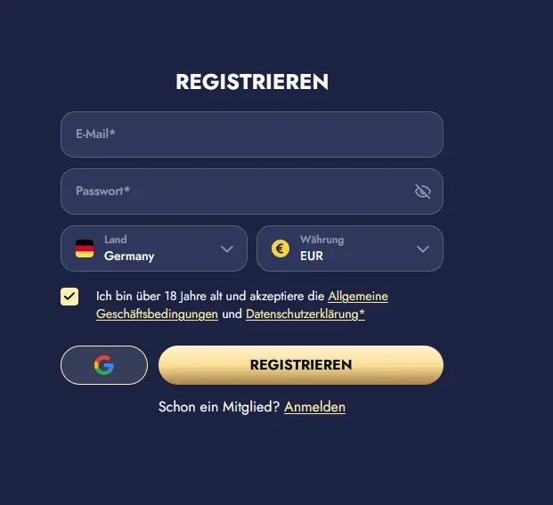 Registrierungsformular bei Crusino Casino mit E-Mail und Passwort