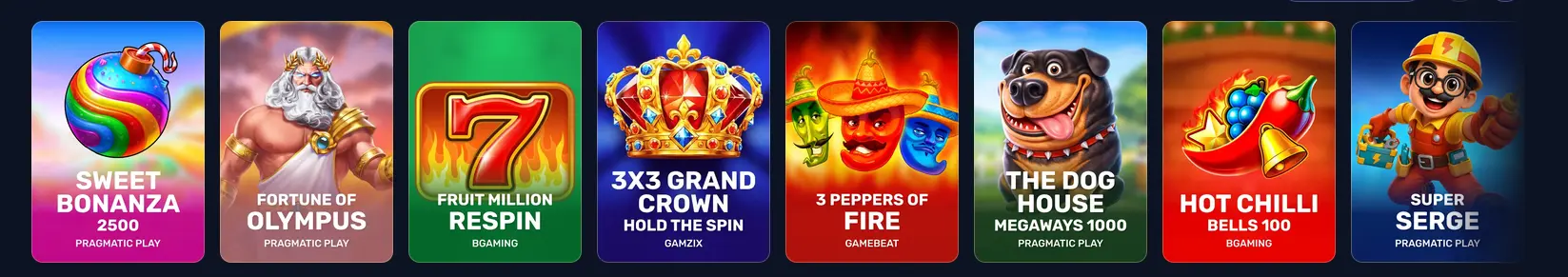 Slot-Katalog von Crusino Casino mit Gates of Olympus und Sweet Bonanza